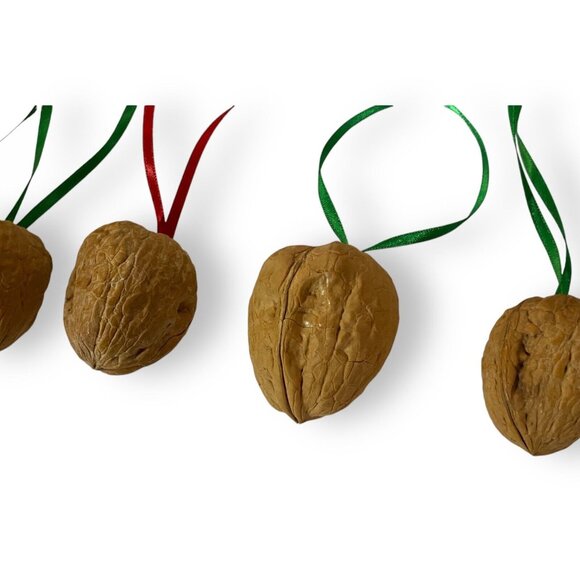 Set Of 5 Walnut Christmas Ornaments With Green & Red Ribbons - Picture 3 of 3